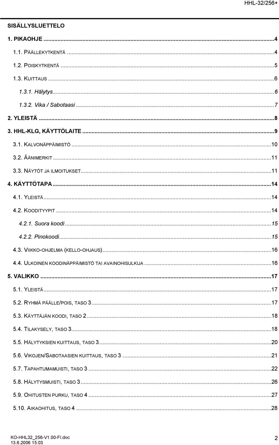 ..16 4.4. ULKOINEN KOODINÄPPÄIMISTÖ TAI AVAINOHISULKIJA...16 5. VALIKKO...17 5.1. YLEISTÄ...17 5.2. RYHMÄ PÄÄLLE/POIS, TASO 3...17 5.3. KÄYTTÄJÄN KOODI, TASO 2...18 5.4. TILAKYSELY, TASO 3...18 5.5. HÄLYTYKSIEN KUITTAUS, TASO 3.