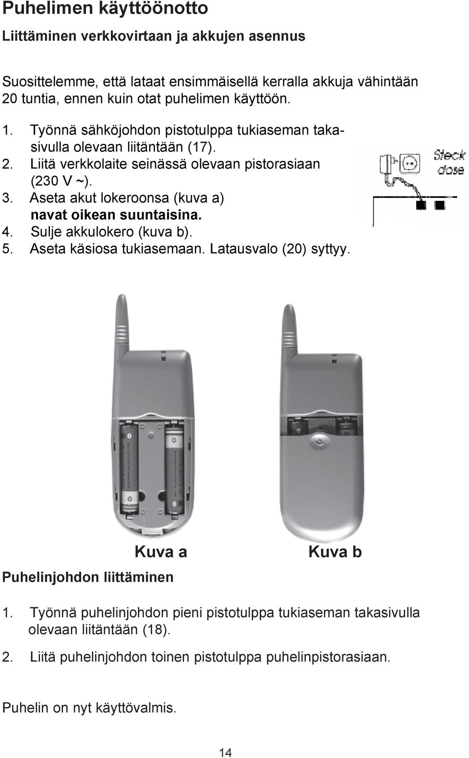 Aseta akut lokeroonsa (kuva a) navat oikean suuntaisina. 4. Sulje akkulokero (kuva b). 5. Aseta käsiosa tukiasemaan. Latausvalo (20) syttyy.