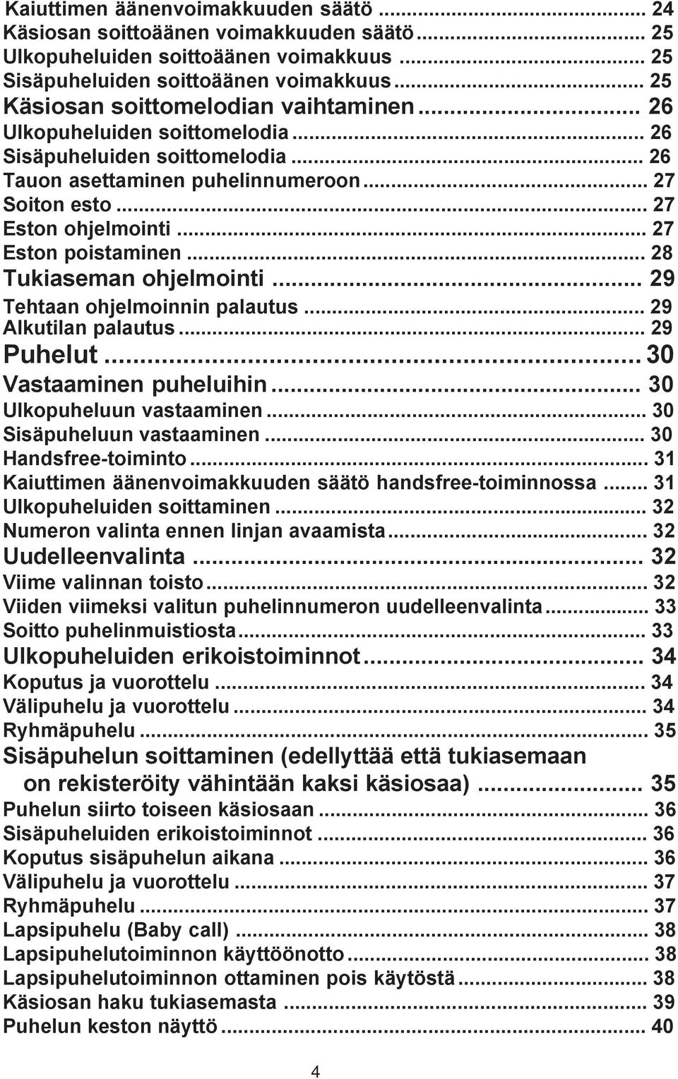 .. 27 Eston poistaminen... 28 Tukiaseman ohjelmointi... 29 Tehtaan ohjelmoinnin palautus... 29 Alkutilan palautus... 29 Puhelut... 30 Vastaaminen puheluihin... 30 Ulkopuheluun vastaaminen.