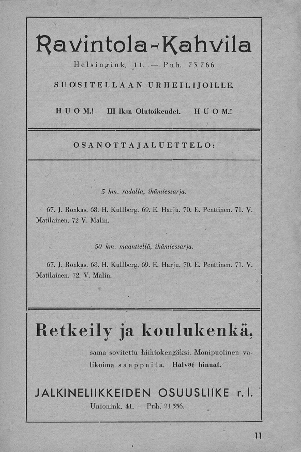 maantiellä, ikämiessarja. 67. J. Ronkas. 68. H. Kullberg. 69. E. Harju. 70. E. Penttinen. 71. V. Matilainen. 72. V. Malin.