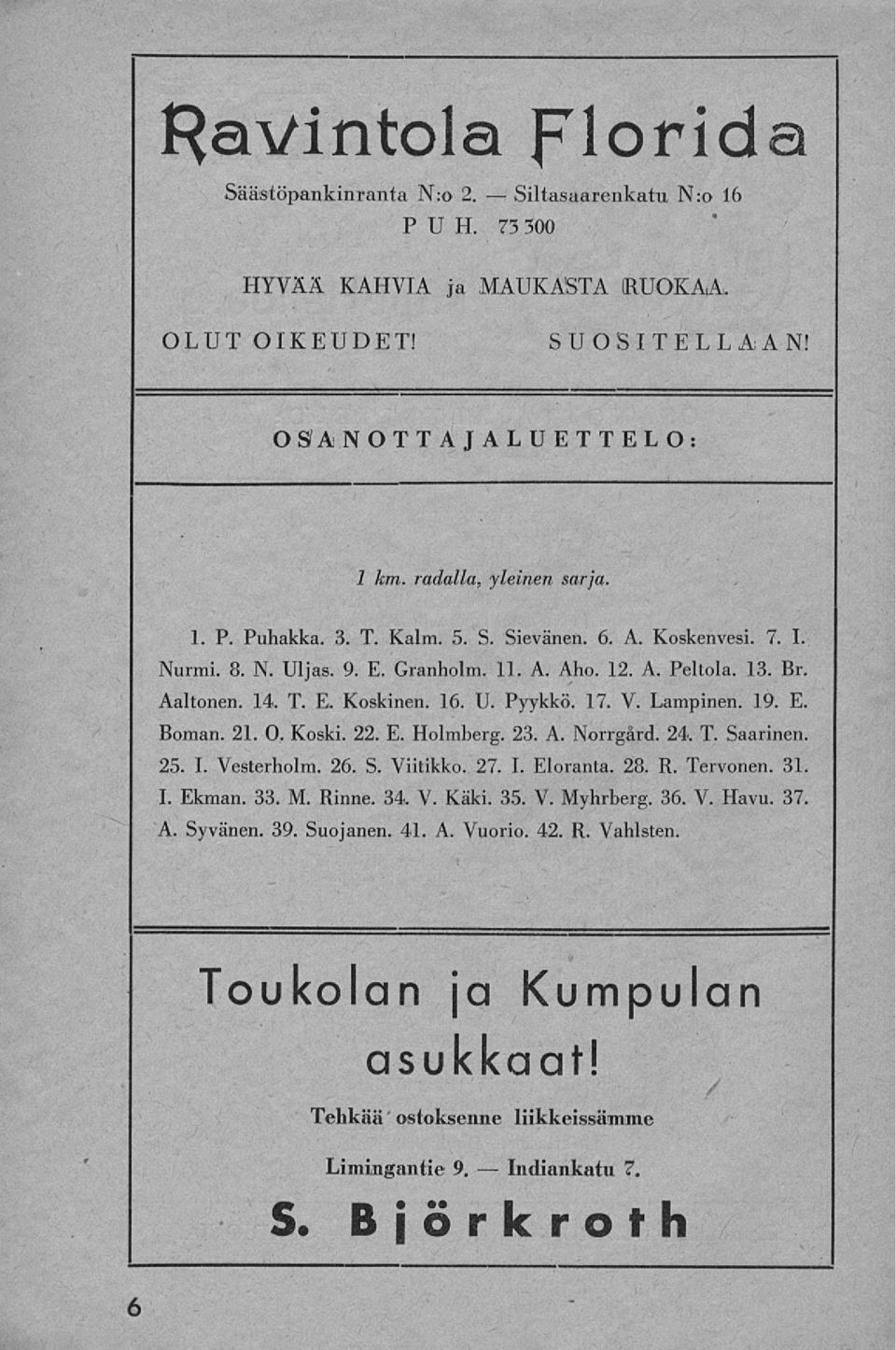 U. Pyykkö. 17. V. Lampinen. 19. E. Boman. 21. O. Koski. 22. E. Holmberg. 23. A. Norrgård. 24. T. Saarinen. 25. I. Vesterholm. 26. S. Viitikko. 27. I. Eloranta. 28. R. Tervonen. 31. I. Ekman. 33.