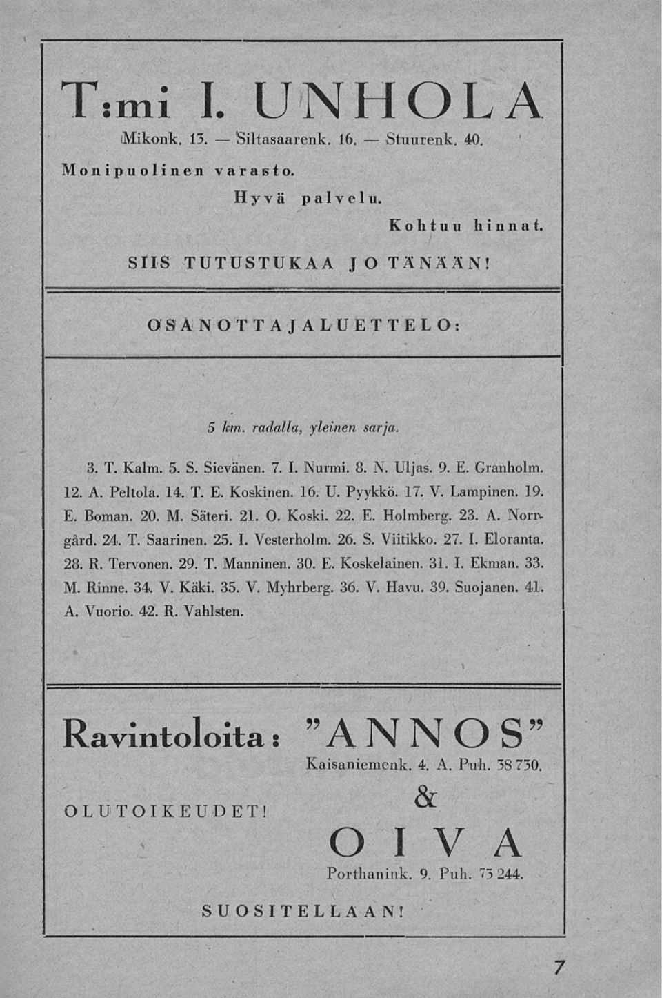 23. A. Nom gård. 24. T. Saarinen. 25. I. Vesterholm. 26. S. Viitikko. 27. I. Eloranta. 28. R. Tervonen. 29. T. Manninen. 30. E. Koskelainen. 31. I. Ekman. 33. M. Rinne. 34. V. Käki. 35. V. Myhrberg.