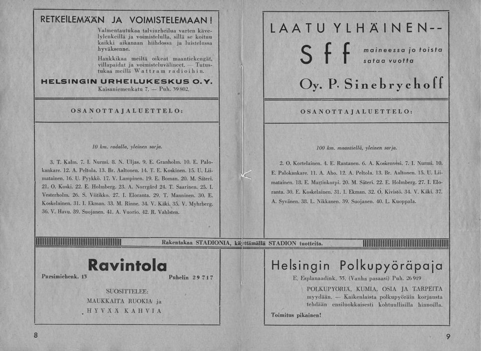 LAATU Y LH Ä I N E N-- SI I maineessa jo toista sataa vuotta Oy. P. SinebrychoH OSANOTTAJALUETTELO: OSANOTTAJALUETTELO: 10 km. radalla, yleinen sarja. 3. T. Kalm. 7. I. Nurmi. 8. N. Uljas. 9. E. Granholm.