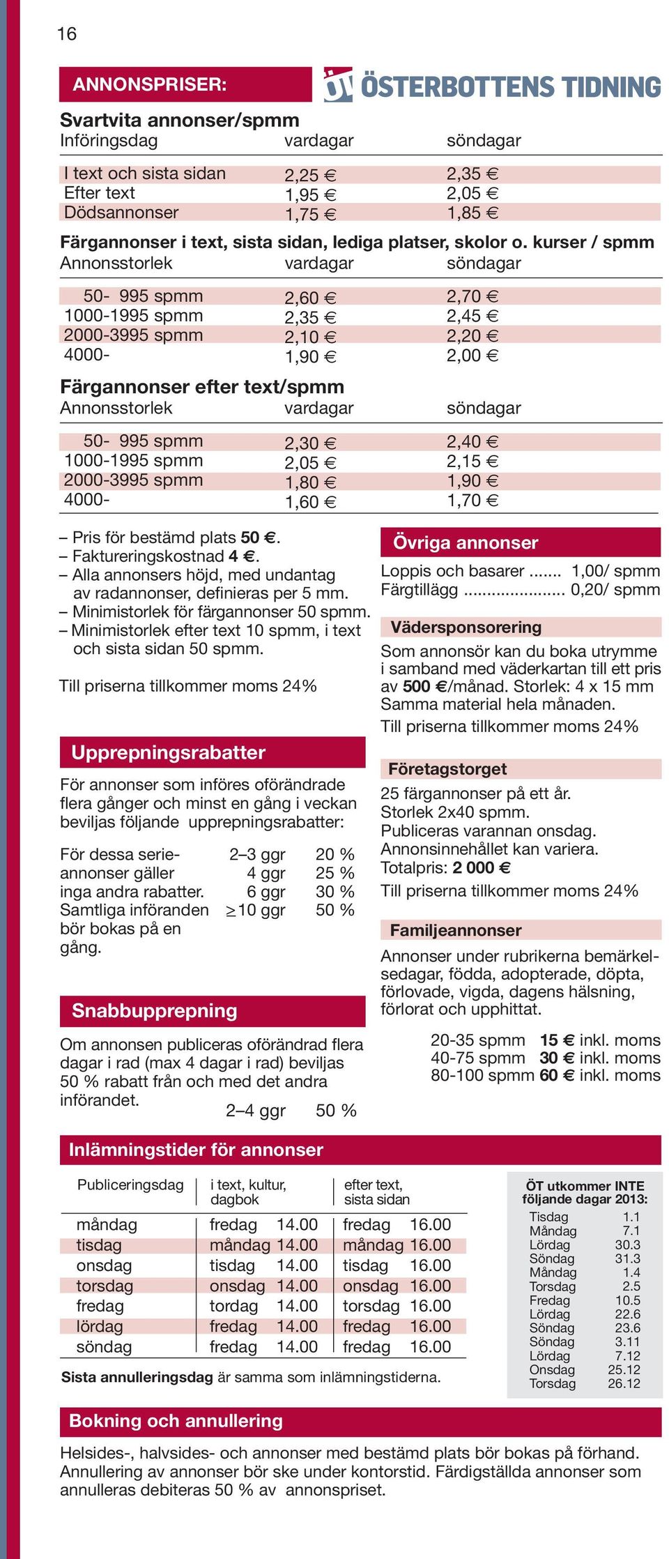 Till priserna tillkommer moms 24% Upprepningsrabatter För annonser som införes oförändrade flera gånger och minst en gång i veckan beviljas följande upprepningsrabatter: Snabbupprepning 2,25 1,95