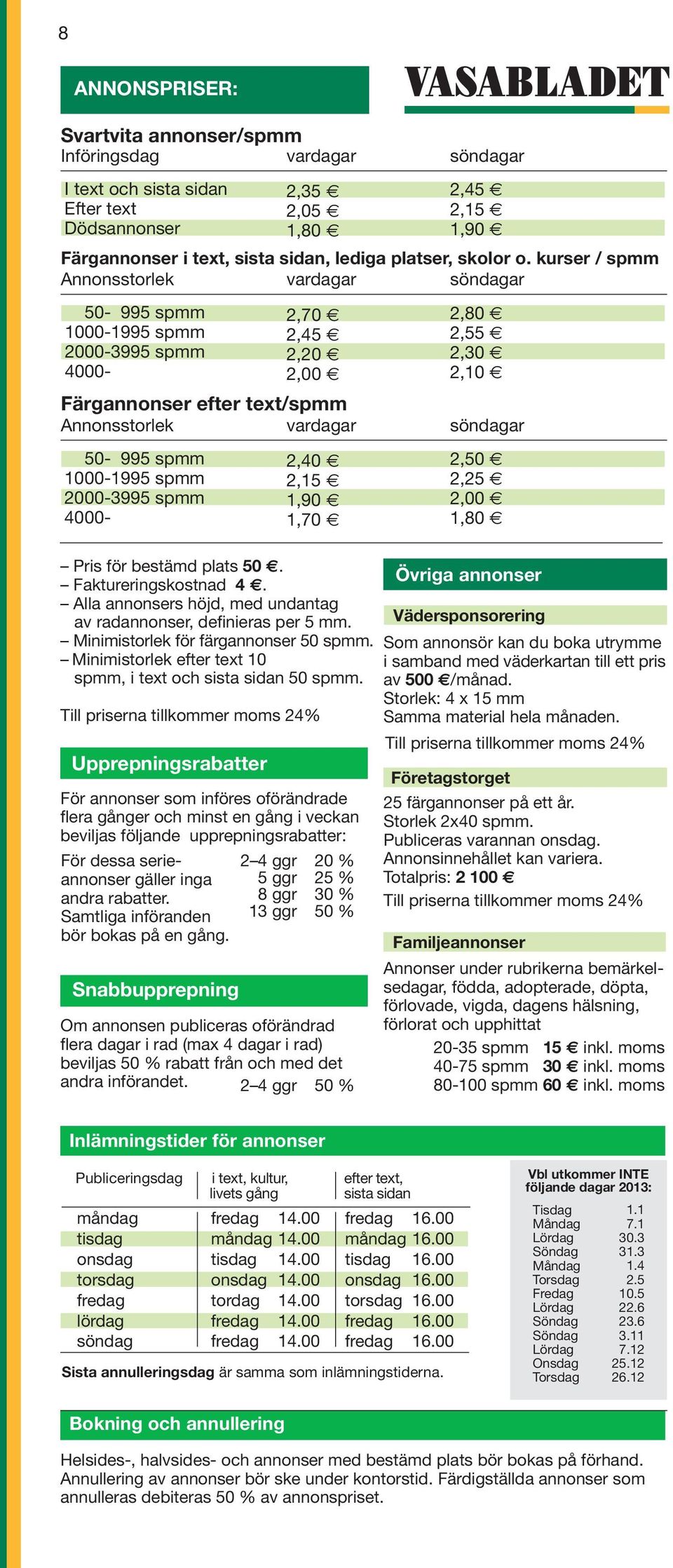 kurser / spmm Annonsstorlek vardagar söndagar 50-995 spmm 1000-1995 spmm 2000-3995 spmm 4000-2,70 2,45 2,20 2,00 Färgannonser efter text/spmm Annonsstorlek vardagar 50-995 spmm 1000-1995 spmm