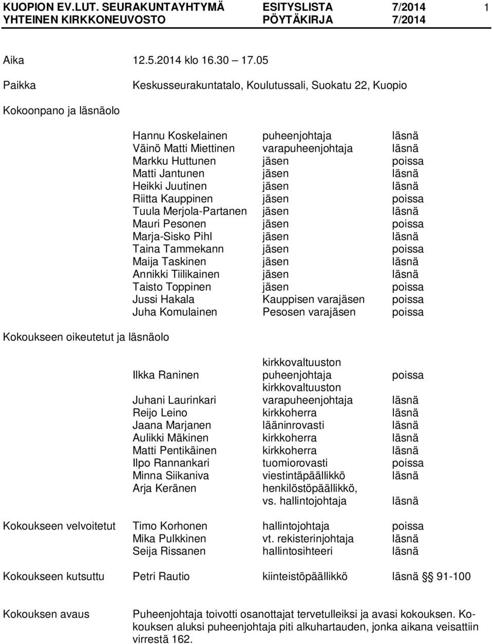 läsnä Markku Huttunen jäsen poissa Matti Jantunen jäsen läsnä Heikki Juutinen jäsen läsnä Riitta Kauppinen jäsen poissa Tuula Merjola-Partanen jäsen läsnä Mauri Pesonen jäsen poissa Marja-Sisko Pihl