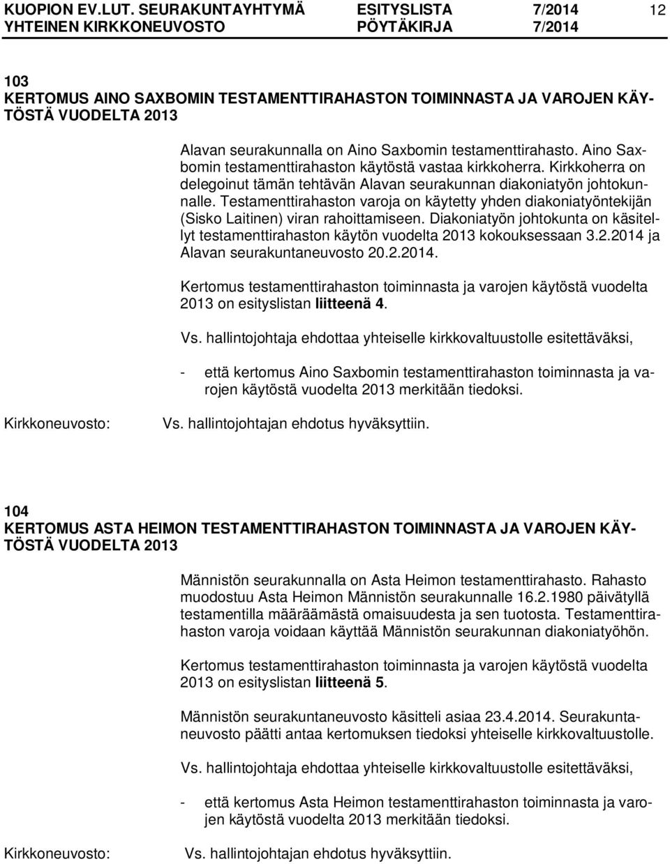 Testamenttirahaston varoja on käytetty yhden diakoniatyöntekijän (Sisko Laitinen) viran rahoittamiseen. Diakoniatyön johtokunta on käsitellyt testamenttirahaston käytön vuodelta 2013 kokouksessaan 3.