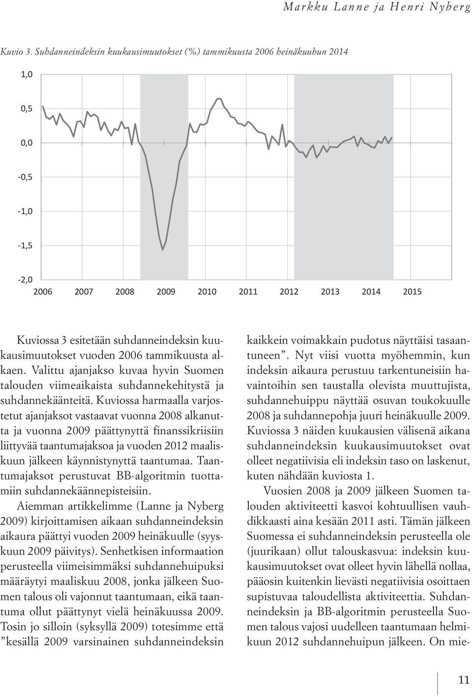 Suhdanneindeksin kuukausimuutosten yhden kuukauden revisiot (prosenttiyksikköä) syyskuun 2014 Kuviossa ja elokuun 3 esitetään 2014 indeksipäivitysten suhdanneindeksin välillä kuukausimuutokset vuoden