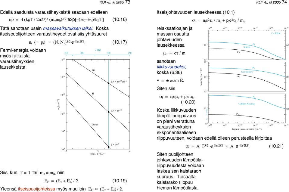 17) Siis, kun T = 0 tai m e = m h, niin KOF-E, kl 2005 73 E F = (E v + E c ) / 2. (10.19) Yleensä itseispuoijohteissa myös muulloin E F! (E v + E c ) / 2. Itseisjohtavuuden lausekkeessa (10.