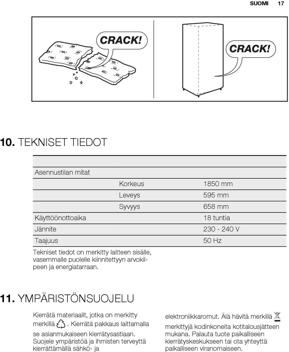 merkitty laitteen sisälle, vasemmalle puolelle kiinnitettyyn arvokilpeen ja energiatarraan. 11. YMPÄRISTÖNSUOJELU Kierrätä materiaalit, jotka on merkitty merkillä.