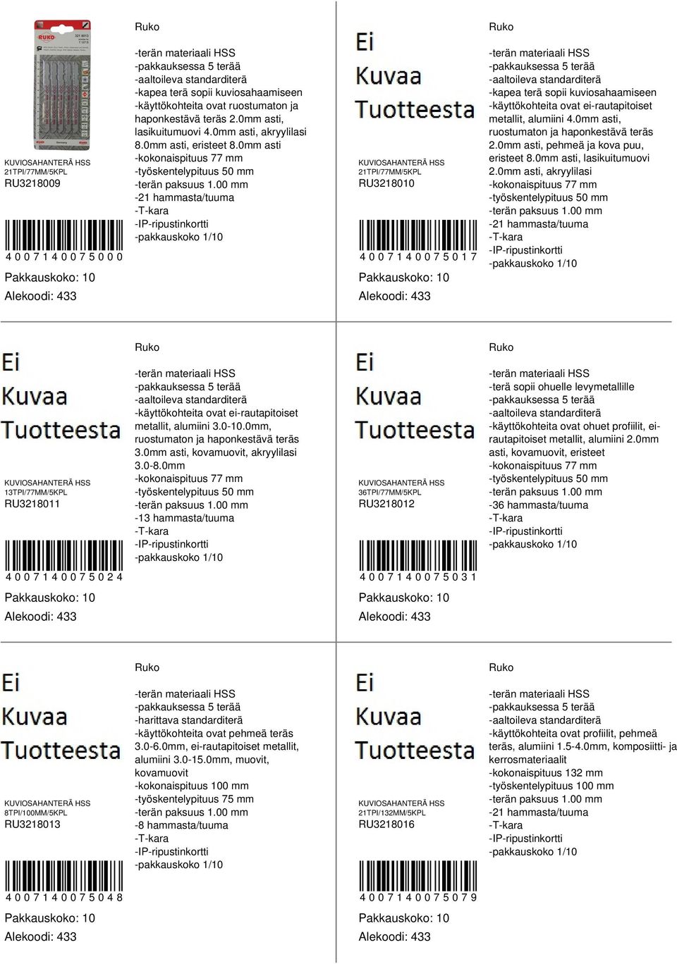 0mm asti, ruostumaton ja haponkestävä teräs.0mm asti, pehmeä ja kova puu, eristeet 8.0mm asti, lasikuitumuovi.