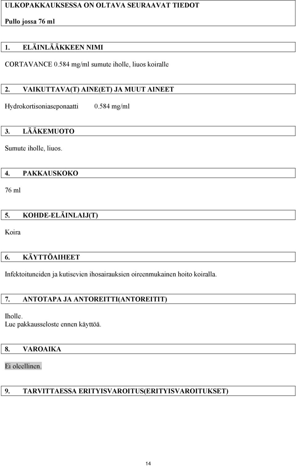 KOHDE-ELÄINLAIJ(T) Koira 6. KÄYTTÖAIHEET Infektoituneiden ja kutisevien ihosairauksien oireenmukainen hoito koiralla. 7.