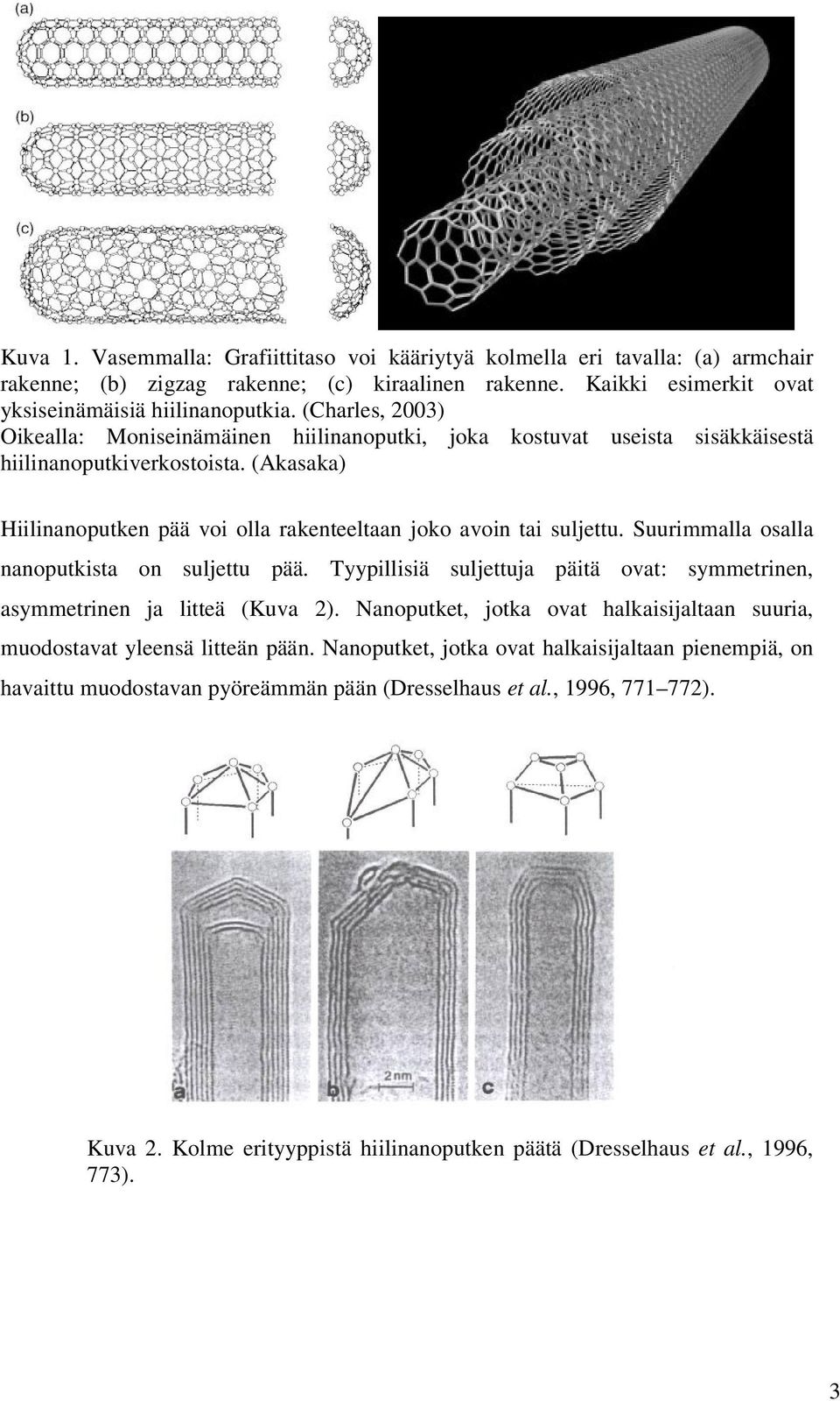 Suurimmalla osalla nanoputkista on suljettu pää. Tyypillisiä suljettuja päitä ovat: symmetrinen, asymmetrinen ja litteä (Kuva 2).