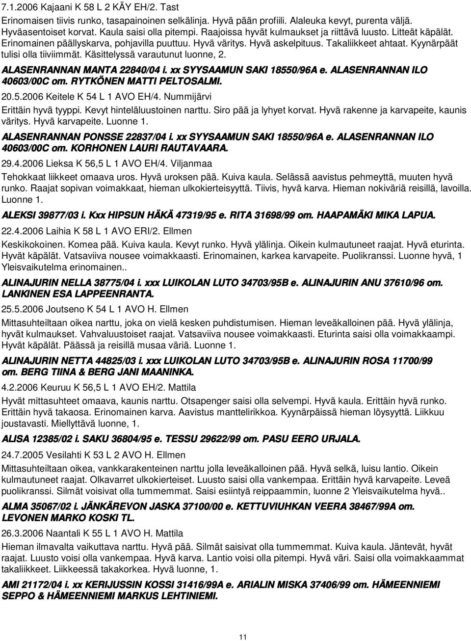 Käsittelyssä varautunut luonne, 2. ALASENRANNAN MANTA 22840/04 i. xx SYYSAAMUN SAKI 18550/96A e. ALASENRANNAN ILO 40603/00C om. RYTKÖNEN MATTI PELTOSALMI. 20.5.2006 Keitele K 54 L 1 AVO EH/4.