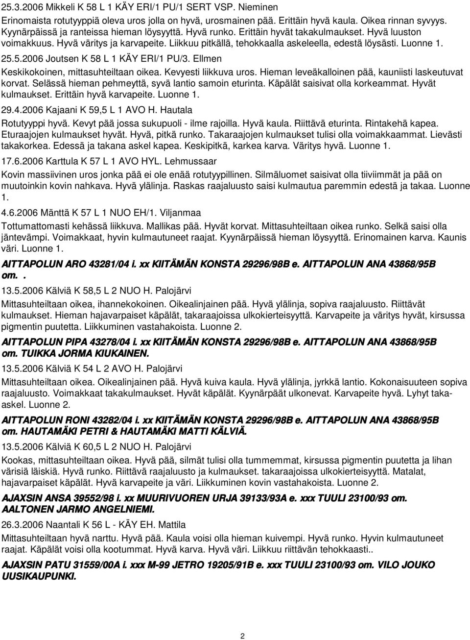 Luonne 1. 25.5.2006 Joutsen K 58 L 1 KÄY ERI/1 PU/3. Ellmen Keskikokoinen, mittasuhteiltaan oikea. Kevyesti liikkuva uros. Hieman leveäkalloinen pää, kauniisti laskeutuvat korvat.