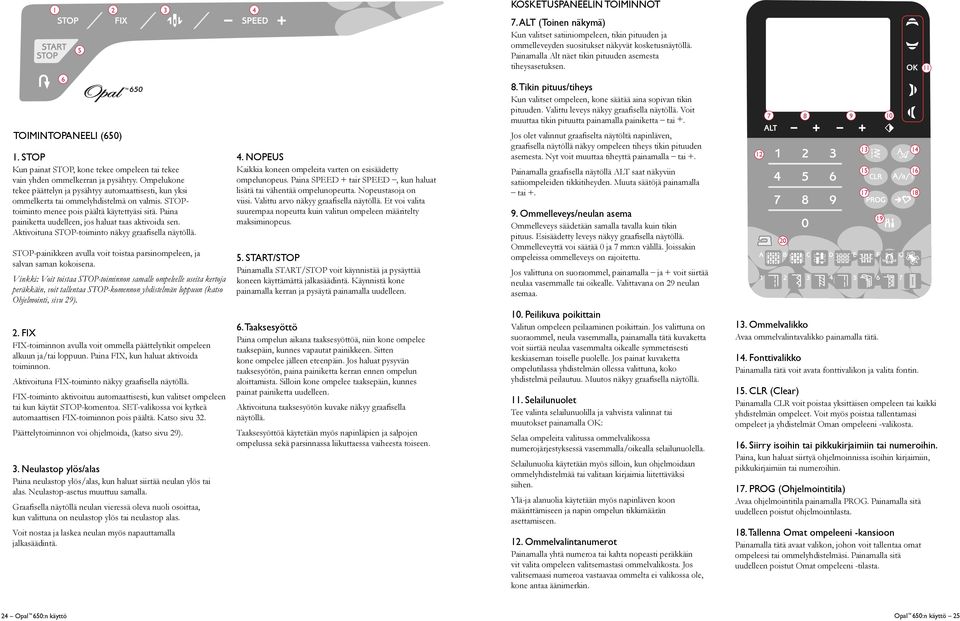Voit muuttaa tikin pituutta painamalla painiketta tai +. 7 8 9 10 TOIMINTOPNEELI (650) 1. STOP Kun painat STOP, kone tekee ompeleen tai tekee vain yhden ommelkerran ja pysähtyy.