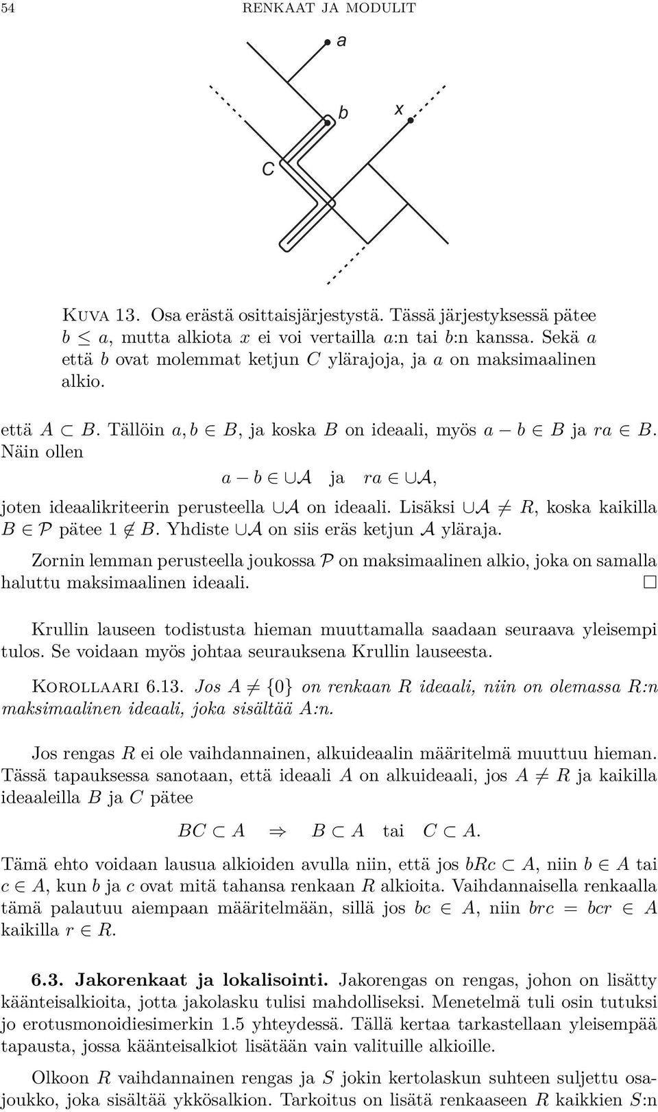 Näin ollen a b A ja ra A, joten ideaalikriteerin perusteella A on ideaali. Lisäksi A = R, koska kaikilla B P pätee 1 B. Yhdiste A on siis eräs ketjun A yläraja.