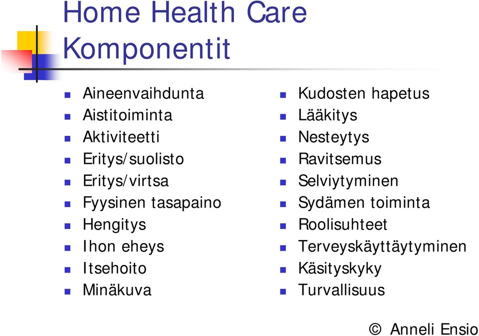 Itsehoito Minäkuva Kudosten hapetus Lääkitys Nesteytys Ravitsemus