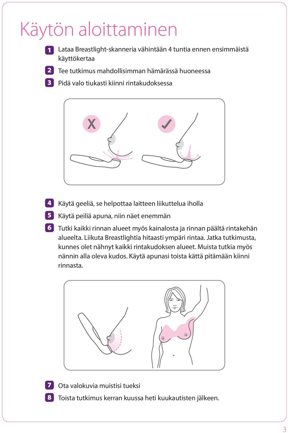 kainalosta ja rinnan päältä rinta kehän alueelta. Liikuta Breastlightia hitaasti ympäri rintaa. Jatka tutkimusta, kunnes olet nähnyt kaikki rintakudoksen alueet.