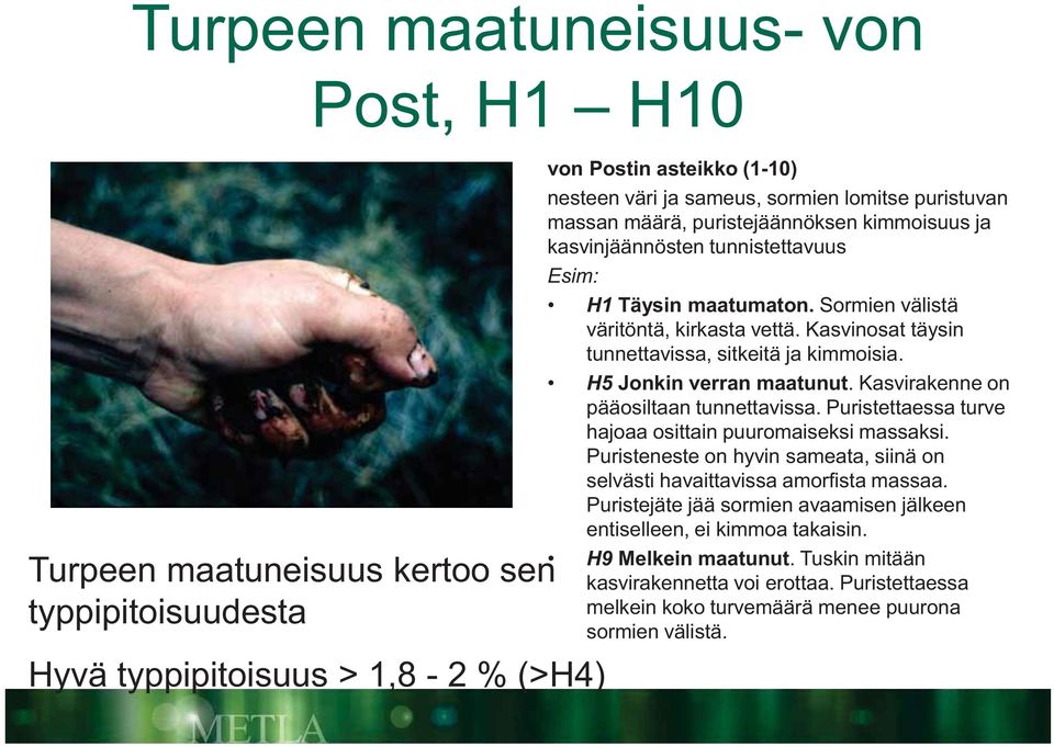 Kasvinosat täysin tunnettavissa, sitkeitä ja kimmoisia. H5 Jonkin verran maatunut. Kasvirakenne on pääosiltaan tunnettavissa. Puristettaessa turve hajoaa osittain puuromaiseksi massaksi.