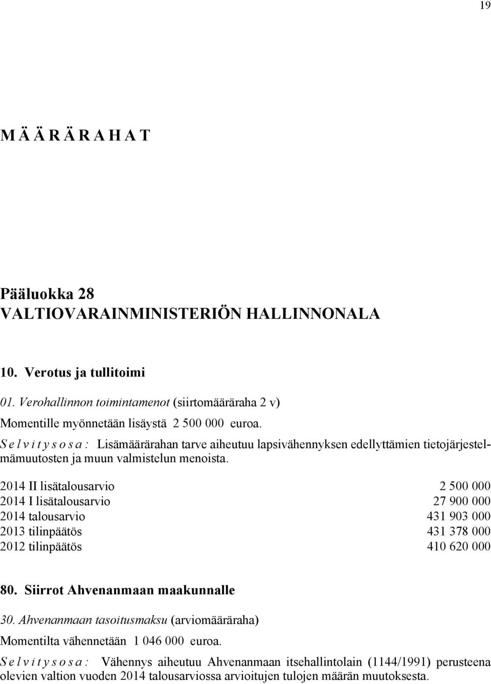 2014 II lisätalousarvio 2 500 000 2014 I lisätalousarvio 27 900 000 2014 talousarvio 431 903 000 2013 tilinpäätös 431 378 000 2012 tilinpäätös 410 620 000 80.