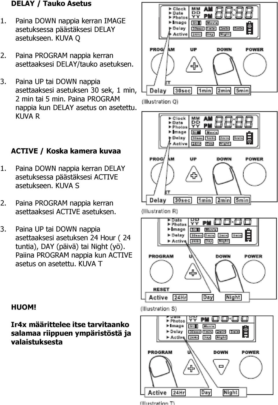 Paina DOWN nappia kerran DELAY asetuksessa päästäksesi ACTIVE asetukseen. KUVA S 2. Paina PROGRAM nappia kerran asettaaksesi ACTIVE asetuksen. 3.