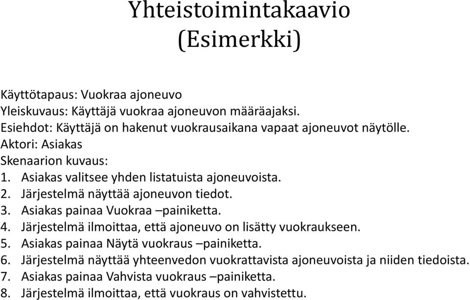 Järjestelmä näyttää ajoneuvon tiedot. 3. Asiakas painaa Vuokraa painiketta. 4. Järjestelmä ilmoittaa, että ajoneuvo on lisätty vuokraukseen. 5.