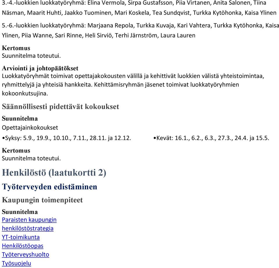 Luokkatyöryhmät toimivat opettajakokousten välillä ja kehittivät luokkien välistä yhteistoimintaa, ryhmittelyjä ja yhteisiä hankkeita.