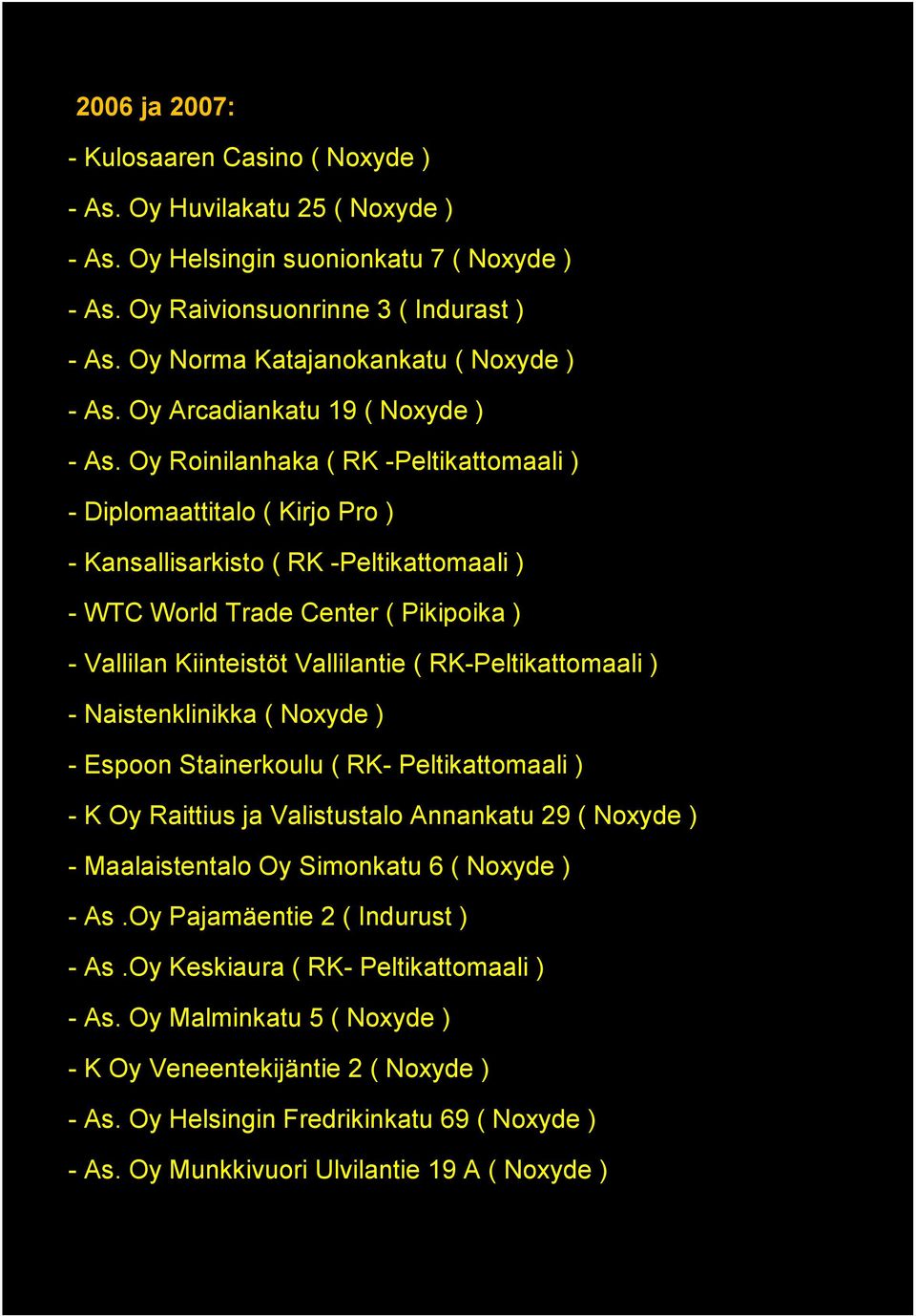 Oy Roinilanhaka ( RK -Peltikattomaali ) - Diplomaattitalo ( Kirjo Pro ) - Kansallisarkisto ( RK -Peltikattomaali ) - WTC World Trade Center ( Pikipoika ) - Vallilan Kiinteistöt Vallilantie (