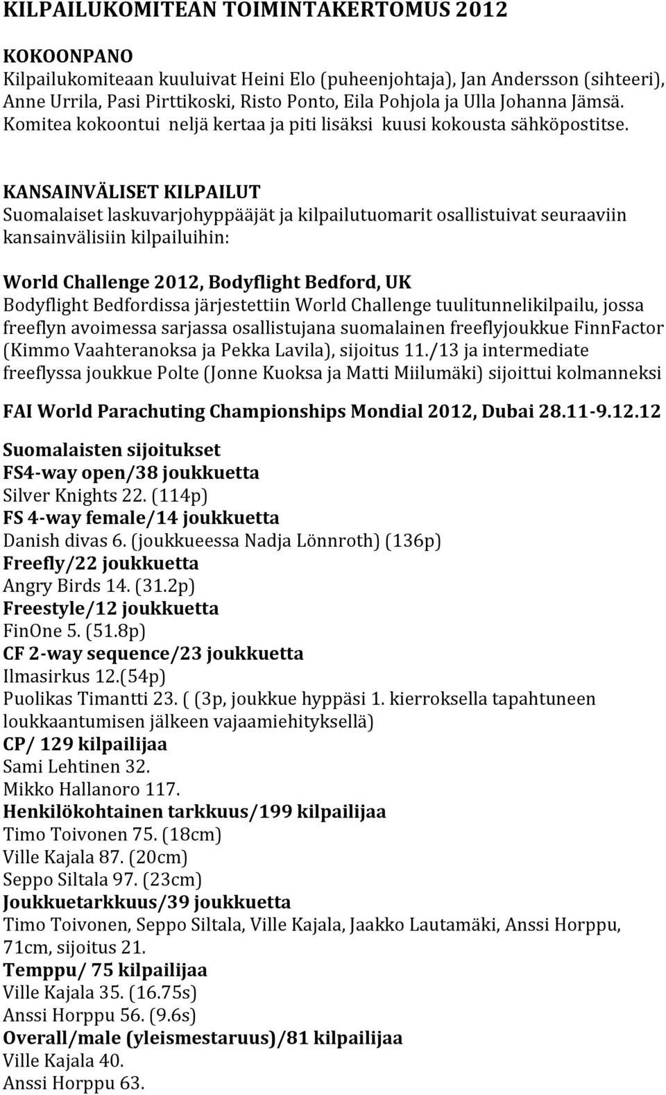 KANSAINVÄLISET KILPAILUT Suomalaiset laskuvarjohyppääjät ja kilpailutuomarit osallistuivat seuraaviin kansainvälisiin kilpailuihin: World Challenge 2012, Bodyflight Bedford, UK Bodyflight Bedfordissa