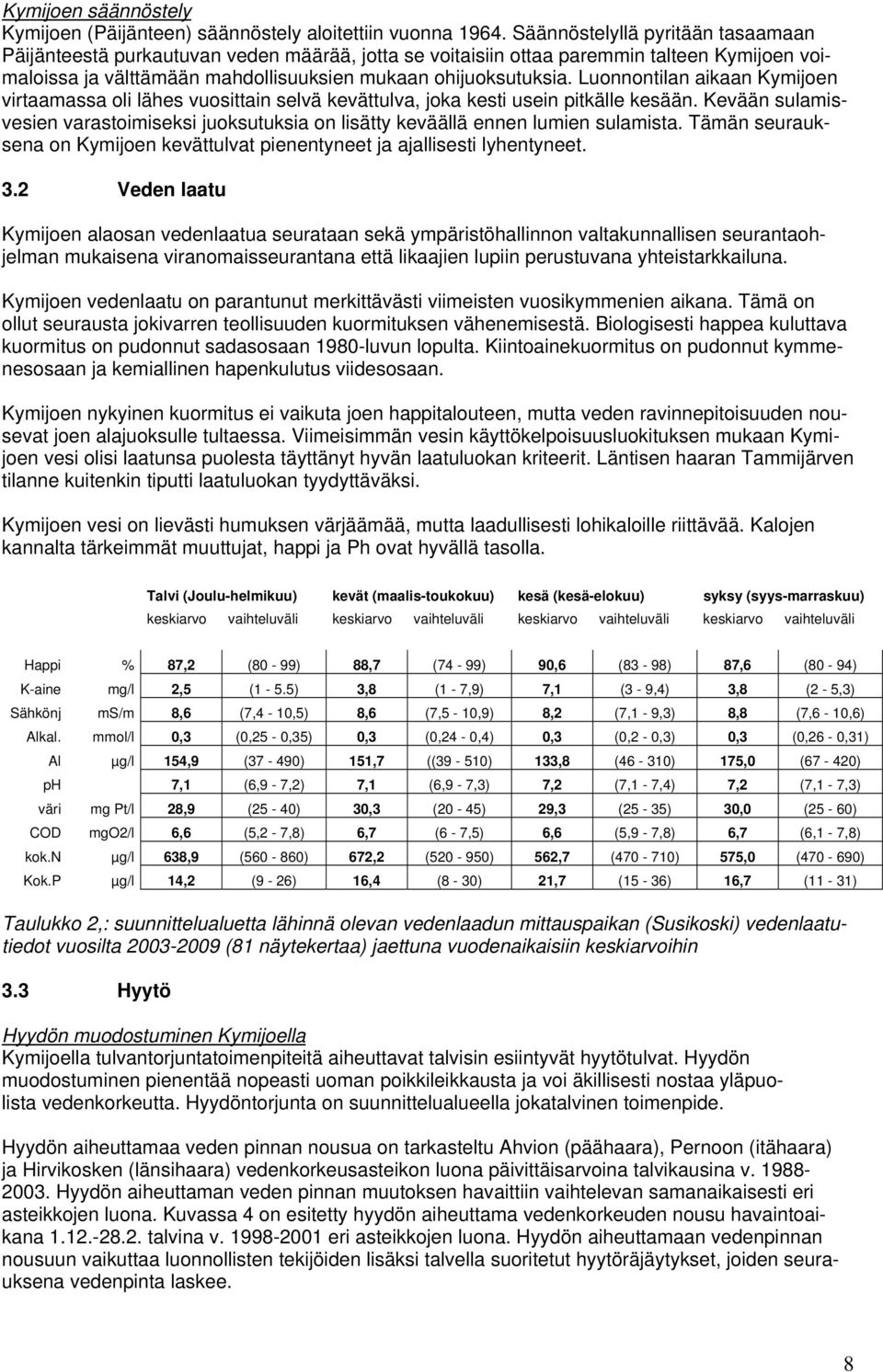 Luonnontilan aikaan Kymijoen virtaamassa oli lähes vuosittain selvä kevättulva, joka kesti usein pitkälle kesään.