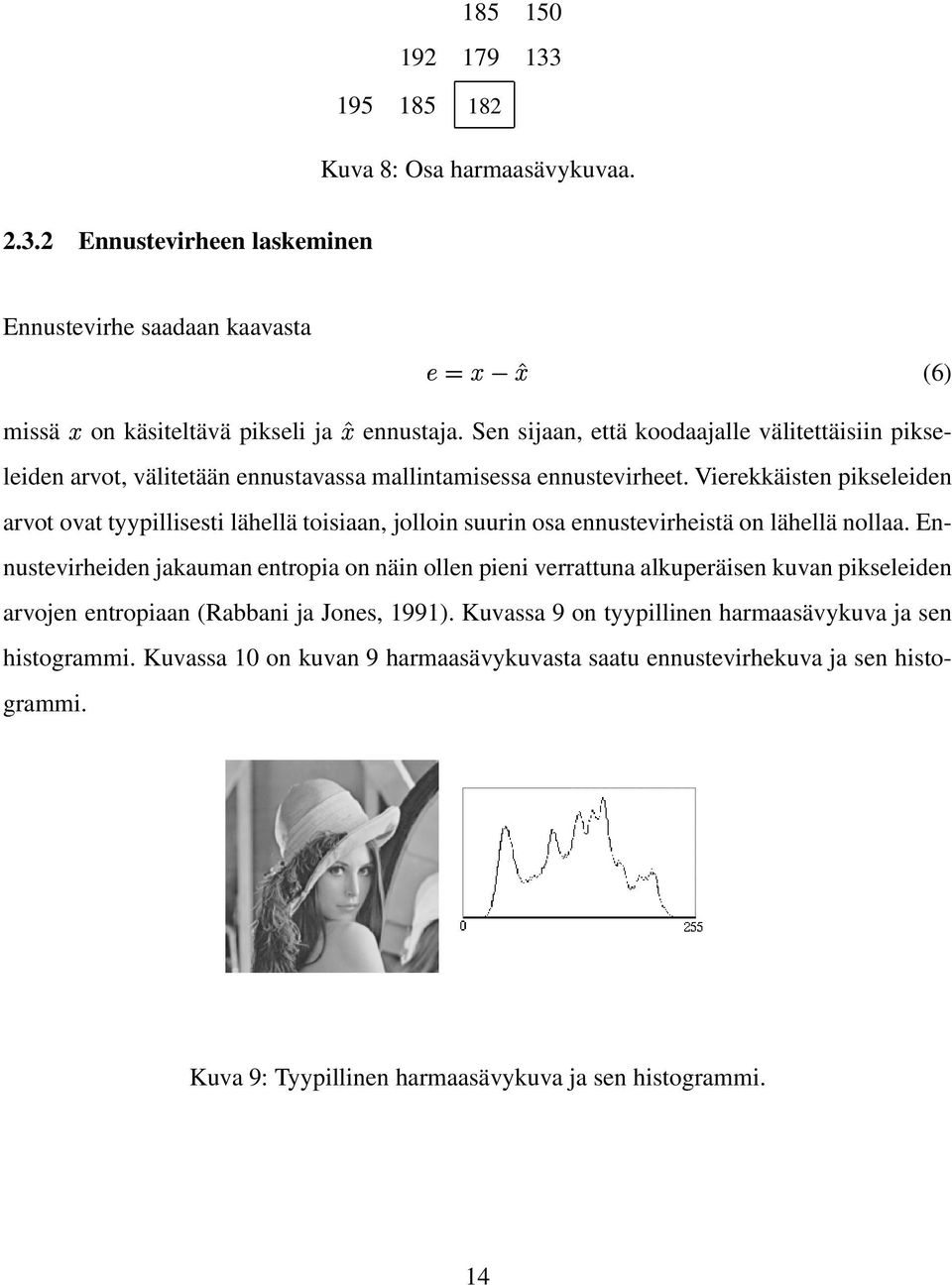 Vierekkäisten pikseleiden arvot ovat tyypillisesti lähellä toisiaan, jolloin suurin osa ennustevirheistä on lähellä nollaa.