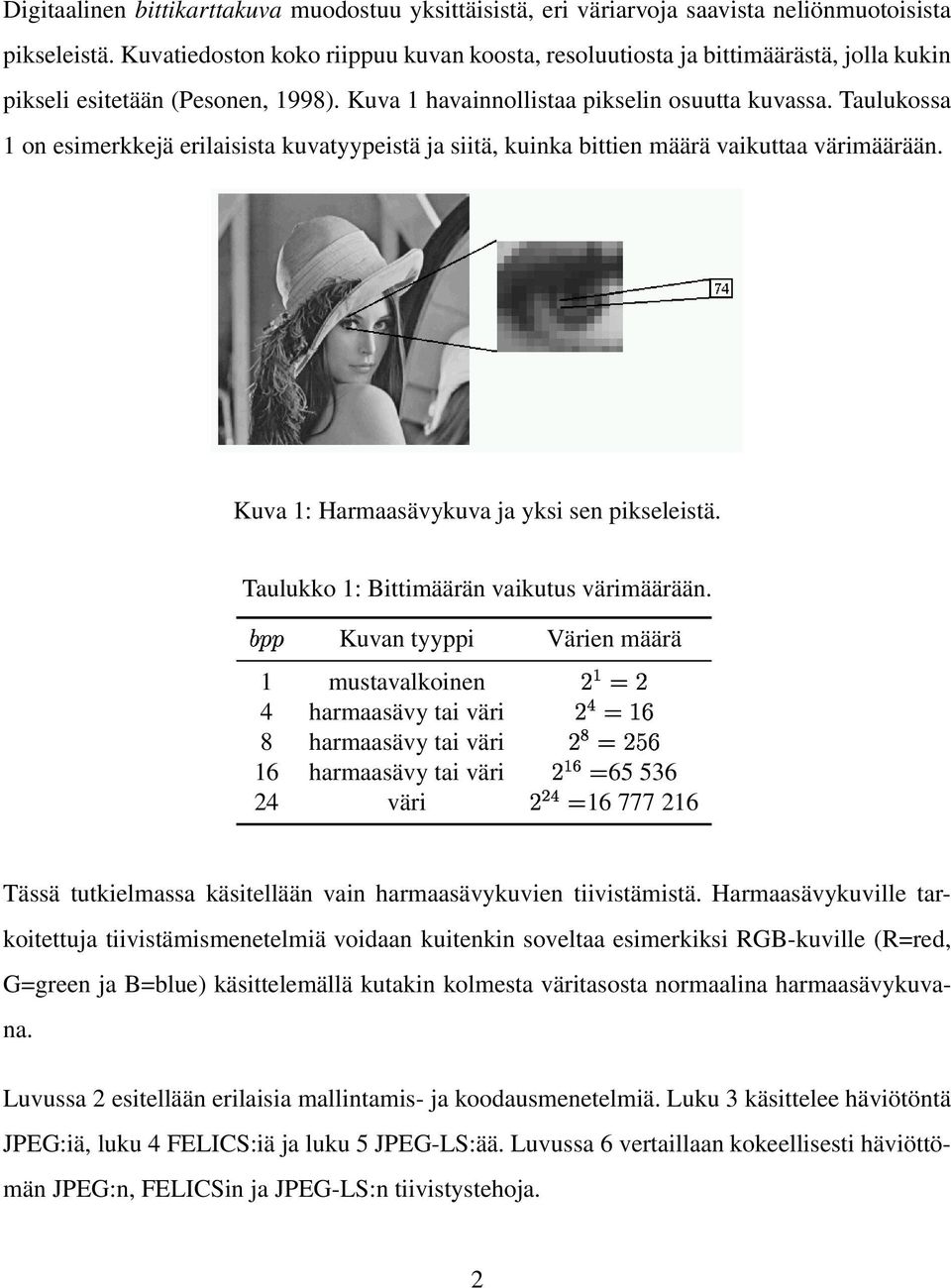 Taulukossa 1 on esimerkkejä erilaisista kuvatyypeistä ja siitä, kuinka bittien määrä vaikuttaa värimäärään. Kuva 1: Harmaasävykuva ja yksi sen pikseleistä.