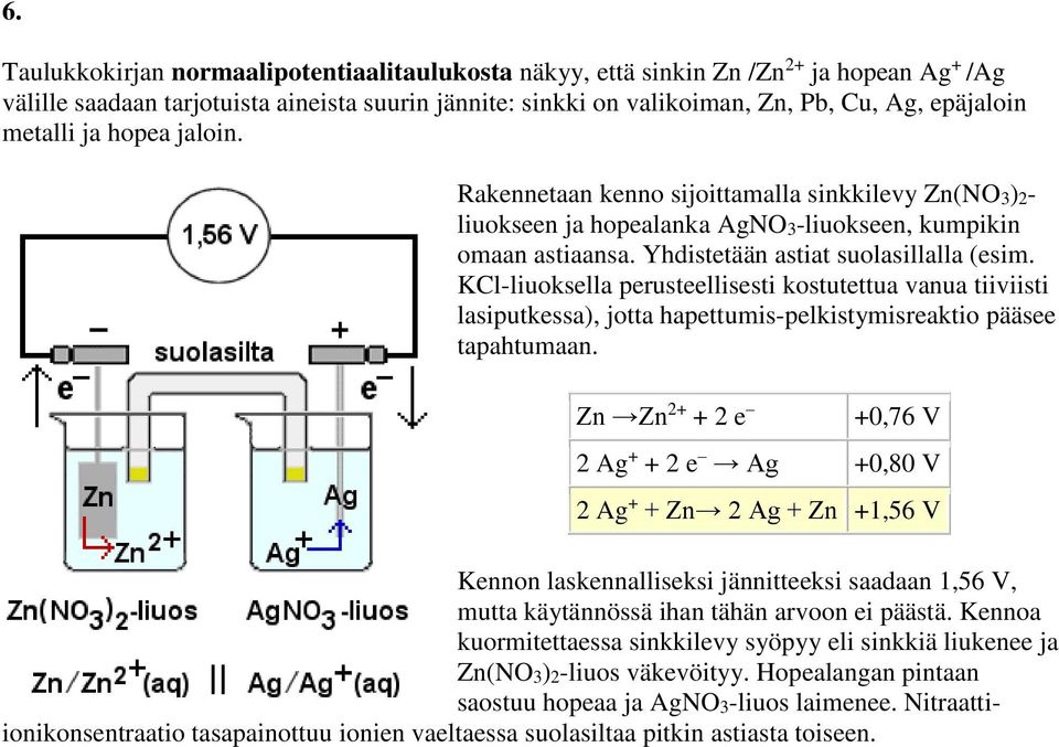 KCl-liuoksella perusteellisesti kostutettua vanua tiiviisti lasiputkessa), jotta hapettumis-pelkistymisreaktio pääsee tapahtumaan.