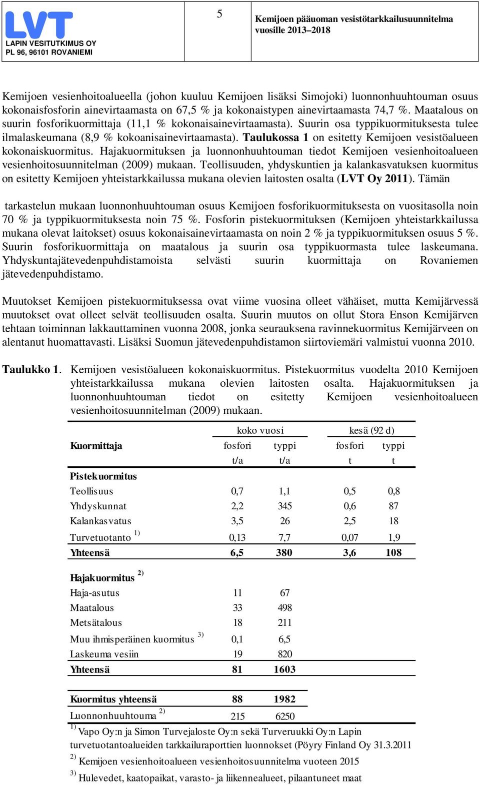 Taulukossa 1 on esitetty Kemijoen vesistöalueen kokonaiskuormitus. Hajakuormituksen ja luonnonhuuhtouman tiedot Kemijoen vesienhoitoalueen vesienhoitosuunnitelman (2009) mukaan.