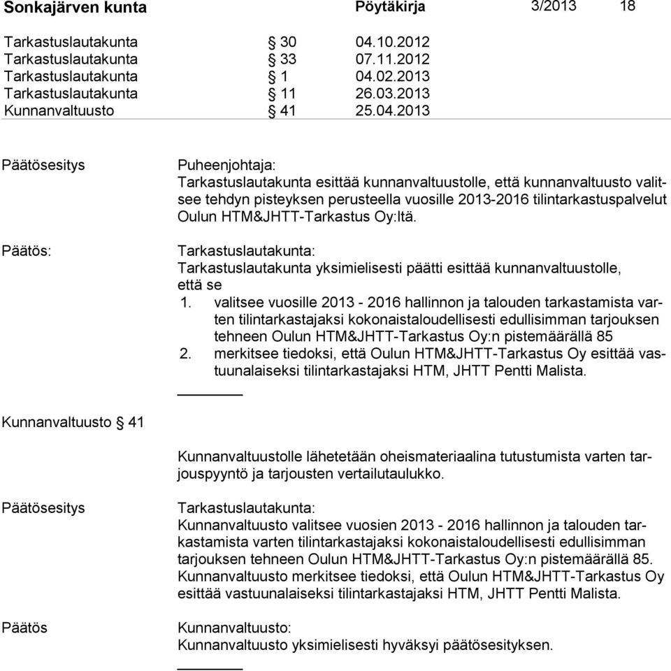 02.2013 Tarkastuslautakunta 11 26.03.2013 Kunnanvaltuusto 41 25.04.