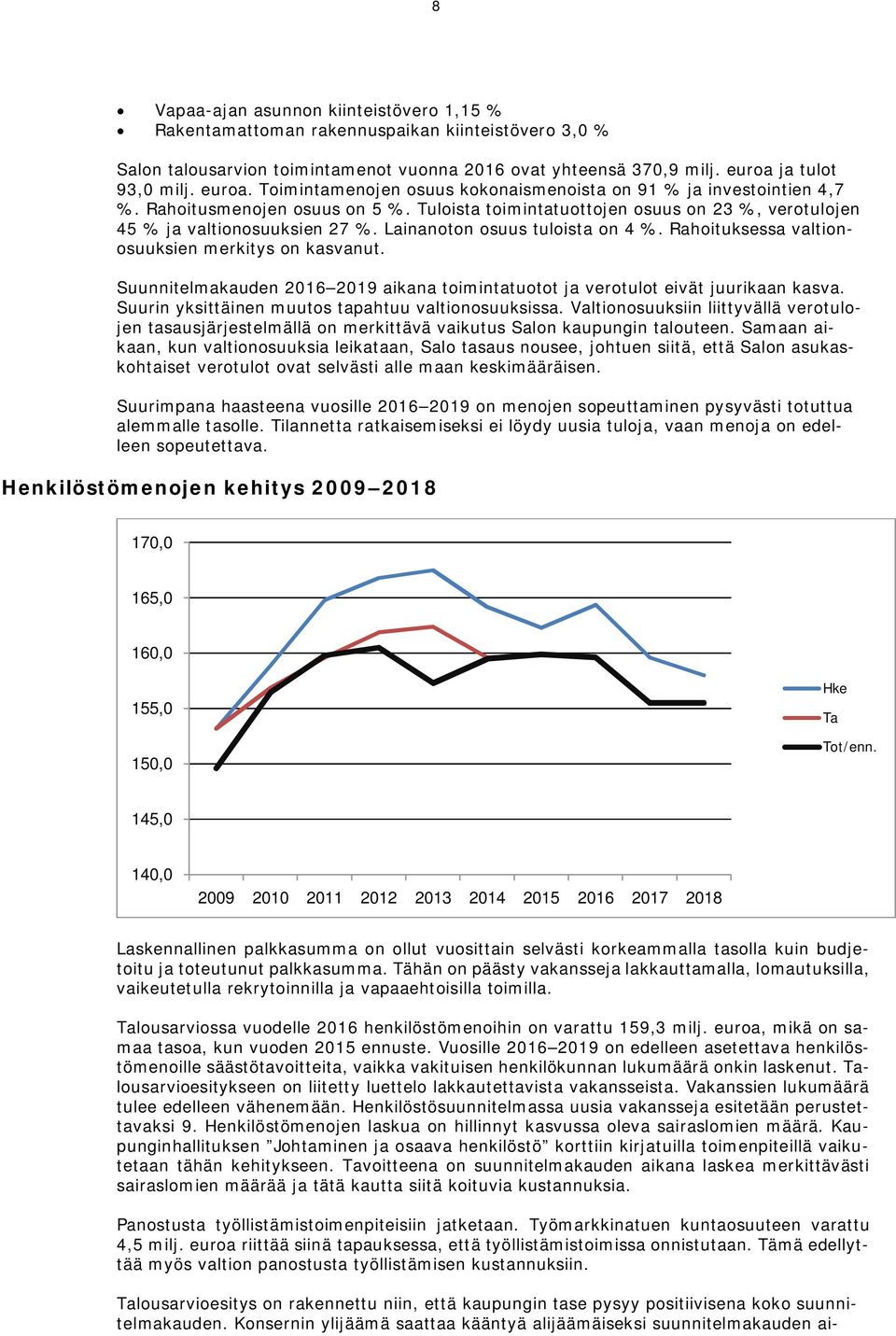 Tuloista toimintatuottojen osuus on 23 %, verotulojen 45 % ja valtionosuuksien 27 %. Lainanoton osuus tuloista on 4 %. Rahoituksessa valtionosuuksien merkitys on kasvanut.