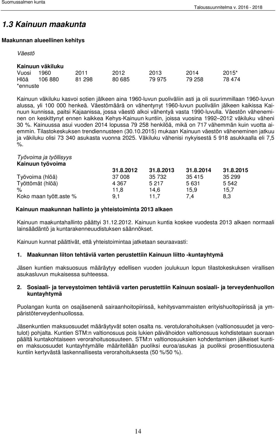 Väestömäärä on vähentynyt 1960-luvun puolivälin jälkeen kaikissa Kainuun kunnissa, paitsi Kajaanissa, jossa väestö alkoi vähentyä vasta 1990-luvulla.