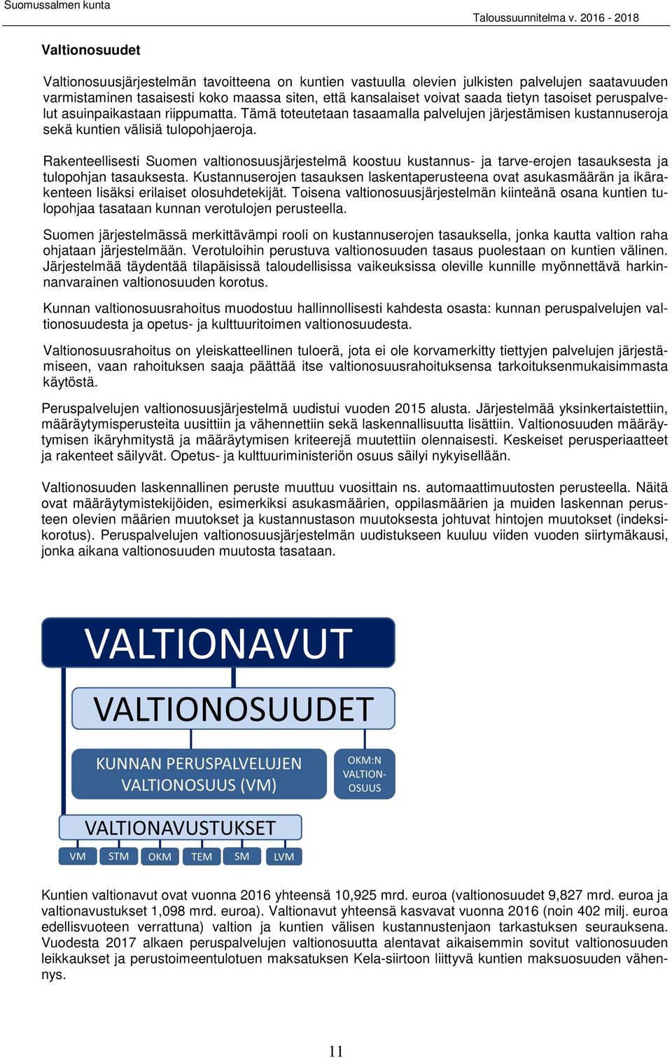 Rakenteellisesti Suomen valtionosuusjärjestelmä koostuu kustannus- ja tarve-erojen tasauksesta ja tulopohjan tasauksesta.