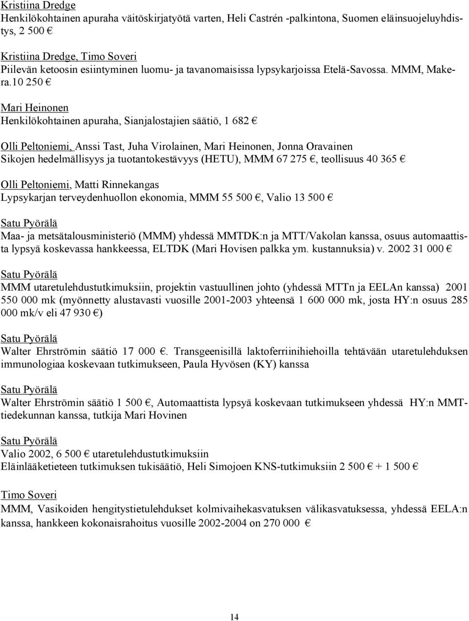 10 250 Mari Heinonen Henkilökohtainen apuraha, Sianjalostajien säätiö, 1 682 Olli Peltoniemi, Anssi Tast, Juha Virolainen, Mari Heinonen, Jonna Oravainen Sikojen hedelmällisyys ja tuotantokestävyys