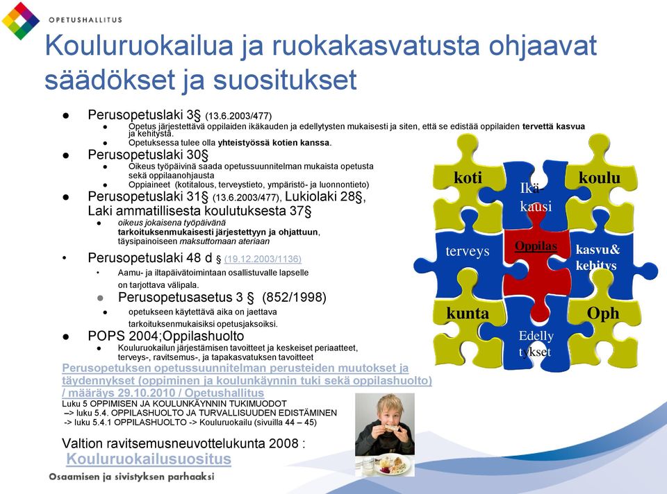 Perusopetuslaki 30 Oikeus työpäivinä saada opetussuunnitelman mukaista opetusta sekä oppilaanohjausta Oppiaineet (kotitalous, terveystieto, ympäristö- ja luonnontieto) Perusopetuslaki 31 (13.6.