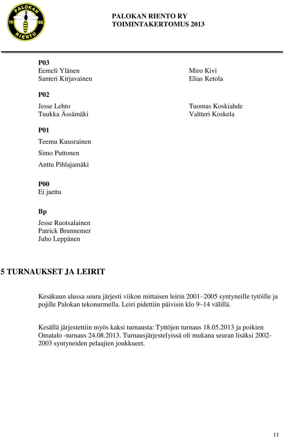 mittaisen leirin 2001 2005 syntyneille tytöille ja pojille Palokan tekonurmella. Leiri pidettiin päivisin klo 9 14 välillä.