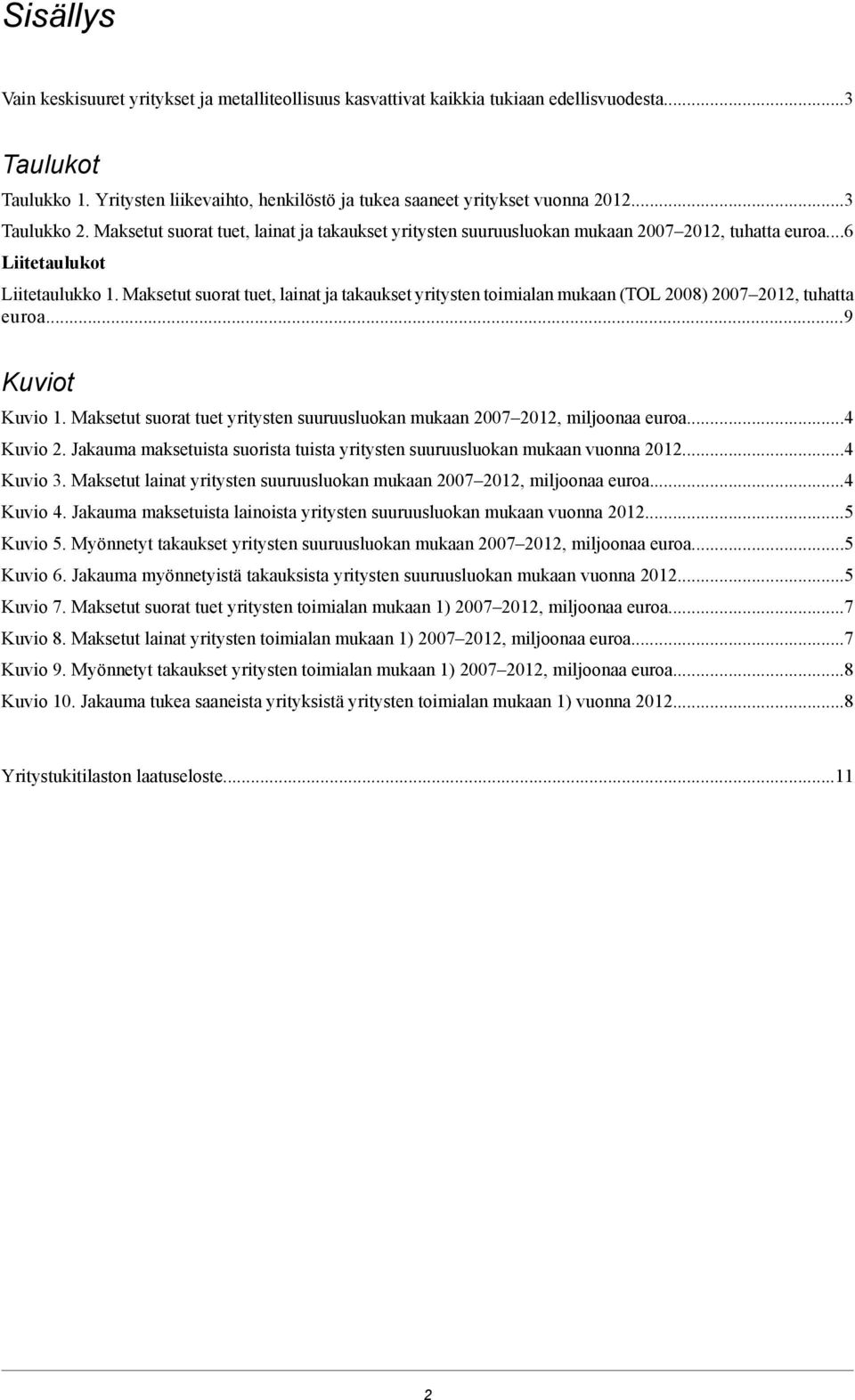 Maksetut suorat tuet, lainat ja takaukset yritysten toimialan mukaan (TOL 2008) 2007 2012, tuhatta euroa...9 Kuviot Kuvio 1.