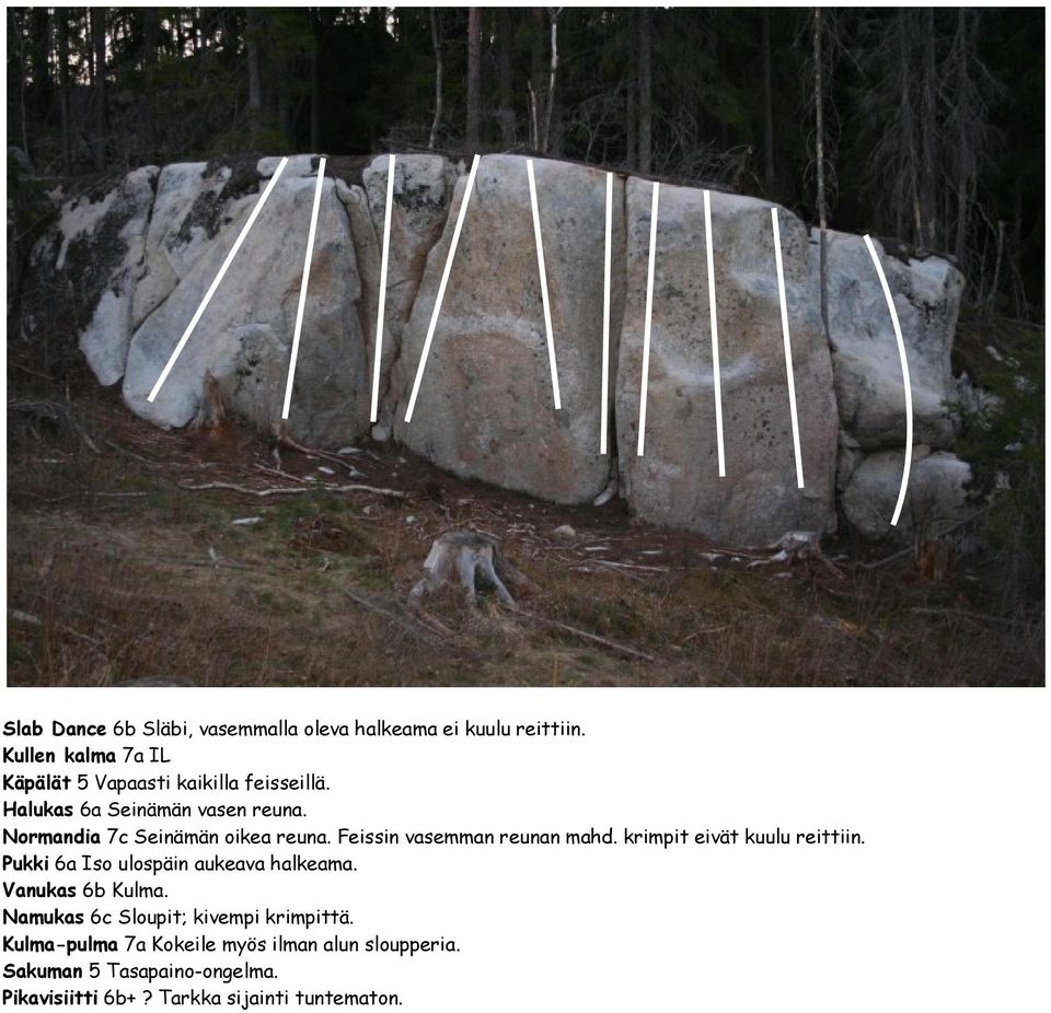 Normandia 7c Seinämän oikea reuna. Feissin vasemman reunan mahd. krimpit eivät kuulu reittiin.