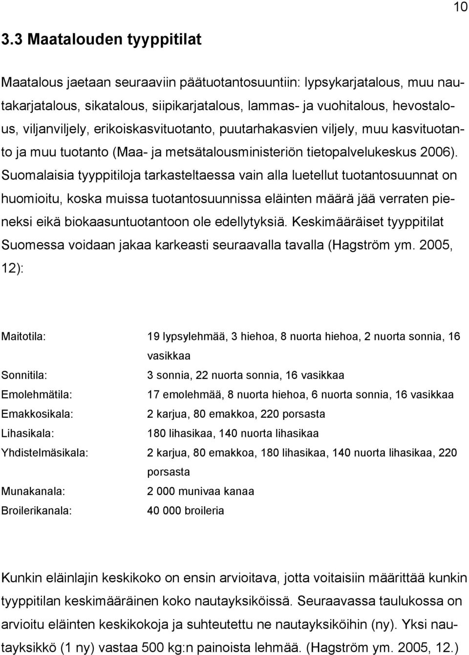 Suomalaisia tyyppitiloja tarkasteltaessa vain alla luetellut tuotantosuunnat on huomioitu, koska muissa tuotantosuunnissa eläinten määrä jää verraten pieneksi eikä biokaasuntuotantoon ole