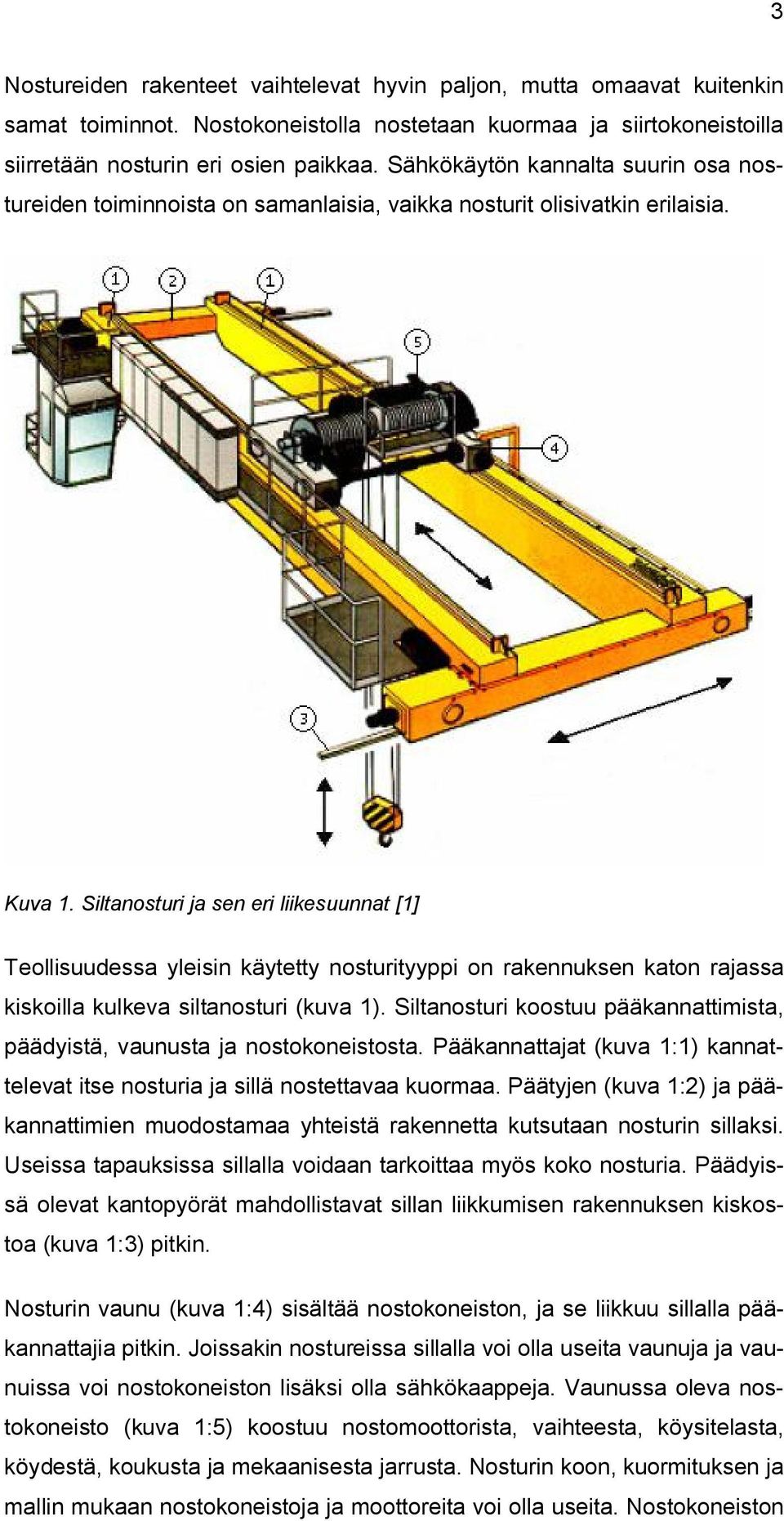 Siltanosturi ja sen eri liikesuunnat [1] Teollisuudessa yleisin käytetty nosturityyppi on rakennuksen katon rajassa kiskoilla kulkeva siltanosturi (kuva 1).