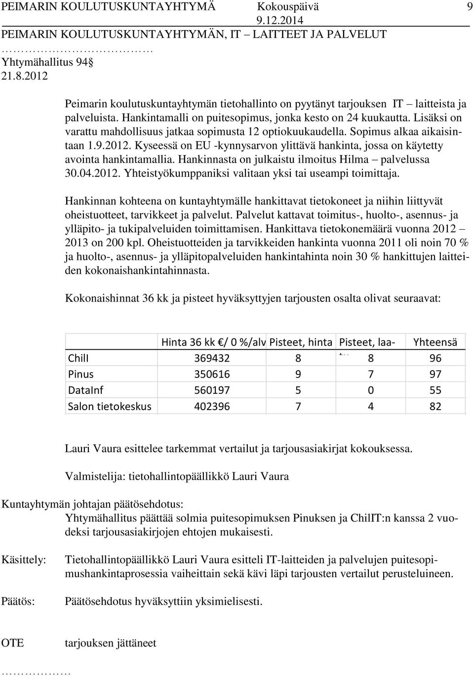 Kyseessä on EU -kynnysarvon ylittävä hankinta, jossa on käytetty avointa hankintamallia. Hankinnasta on julkaistu ilmoitus Hilma palvelussa 30.04.2012.