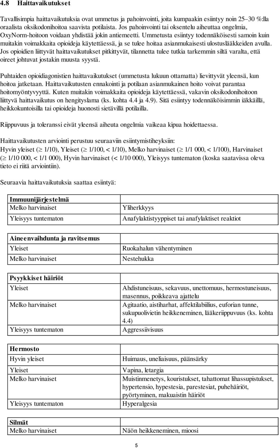 Ummetusta esiintyy todennäköisesti samoin kuin muitakin voimakkaita opioideja käytettäessä, ja se tulee hoitaa asianmukaisesti ulostuslääkkeiden avulla.