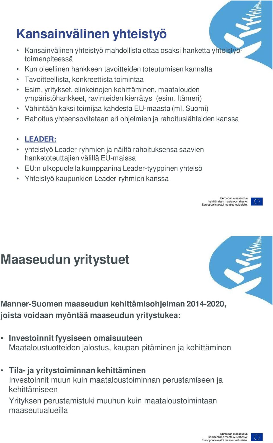 Suomi) Rahoitus yhteensovitetaan eri ohjelmien ja rahoituslähteiden kanssa LEADER: yhteistyö Leader-ryhmien ja näiltä rahoituksensa saavien hanketoteuttajien välillä EU-maissa EU:n ulkopuolella