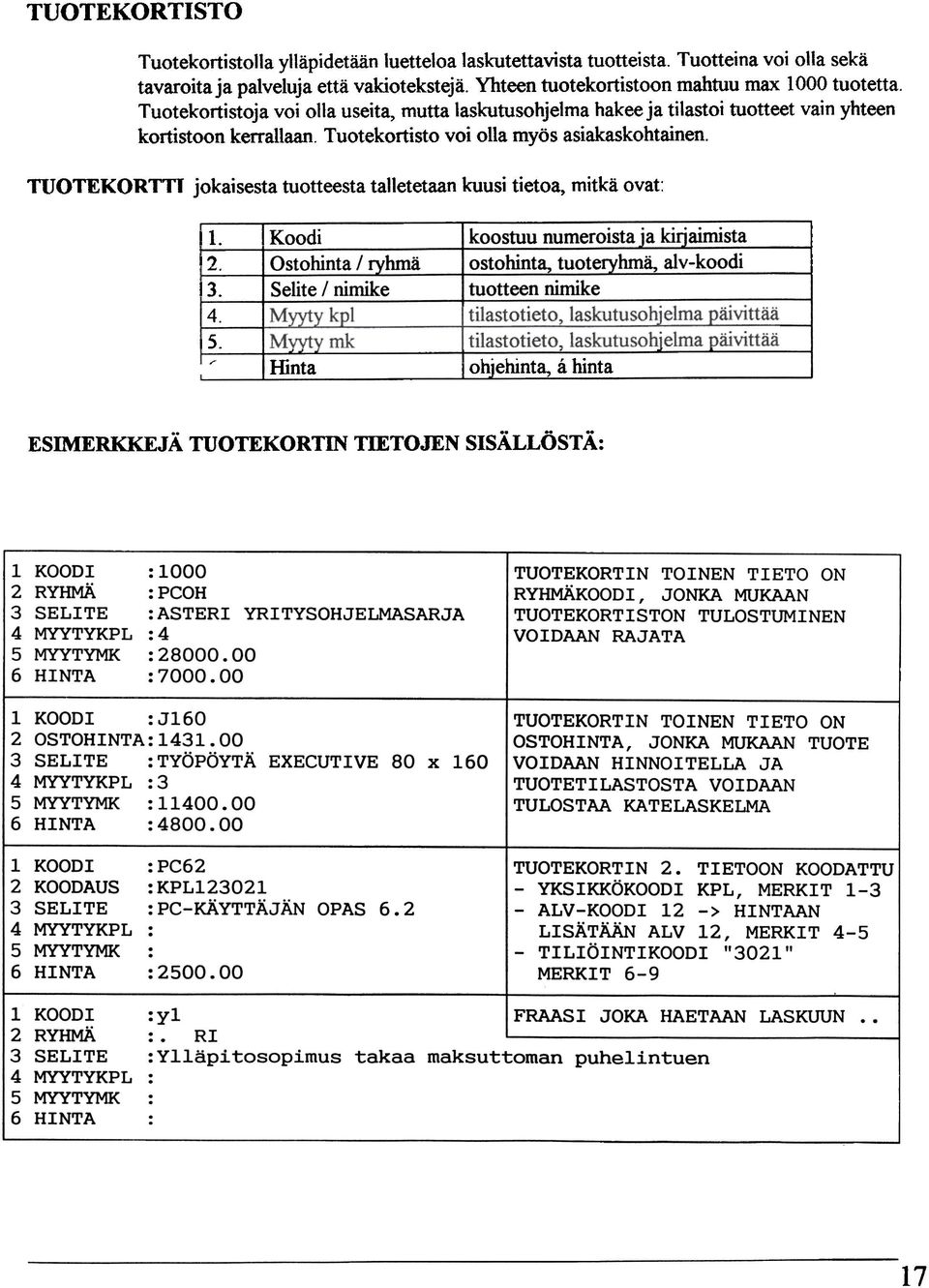 TUOTEKORTTI jokaisesta tuotteesta ta1letetaan kuusi tietoa, mitkä ovat: 11 j3. 4. :>. I Koodi Ostohint!yä Selite / nimike koostuu numeroistajariairnista ostohinta.